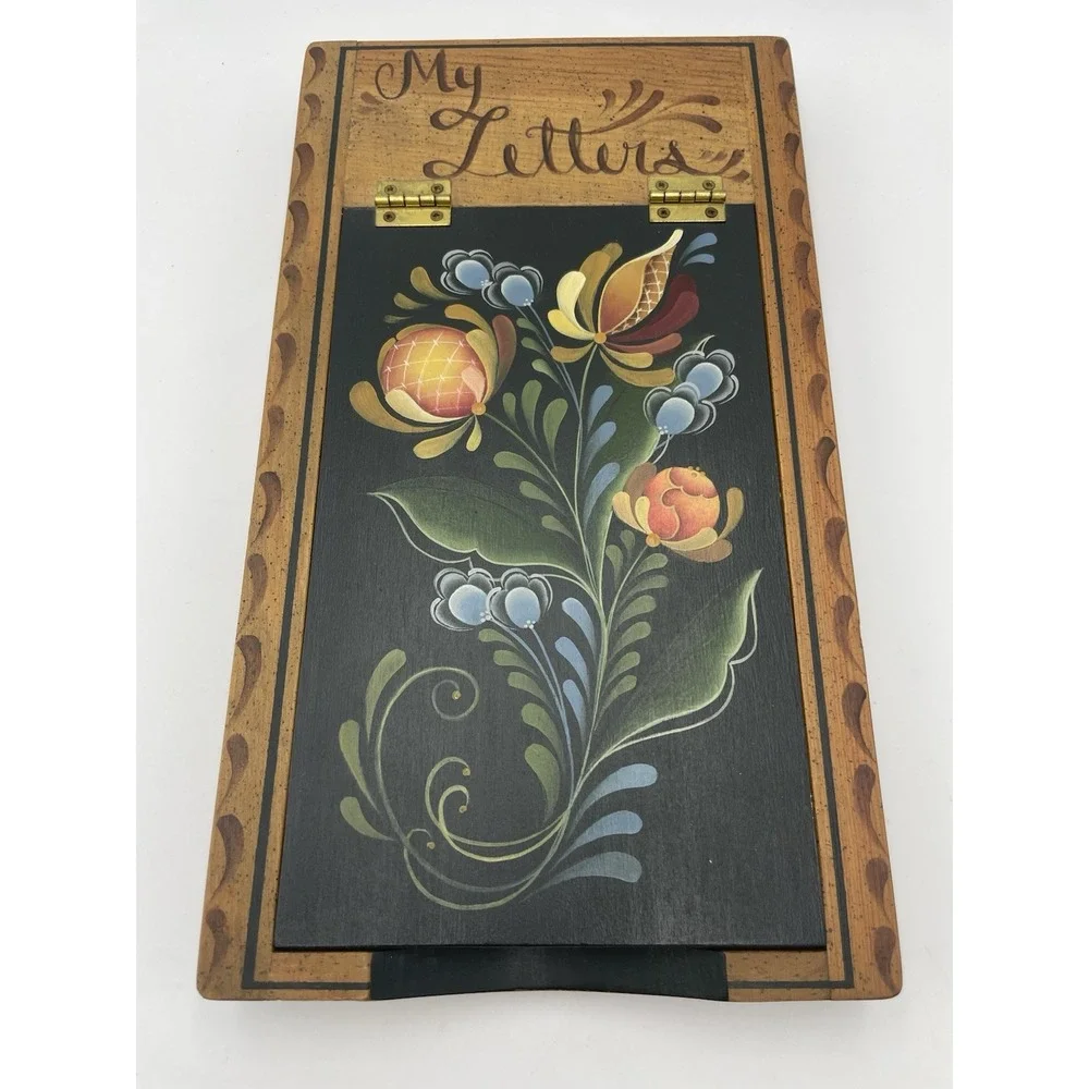 Hand Made Hand Painted  Floral Tole Folk Art Wooden Letter Box‎ Artist Signed